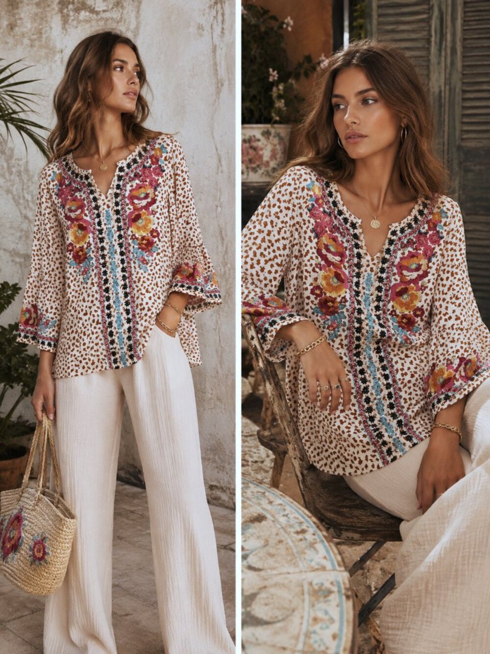 Savanna Jane Leopard Print Vibrant Floral Embroidery Top Bell Sleeve Size Small